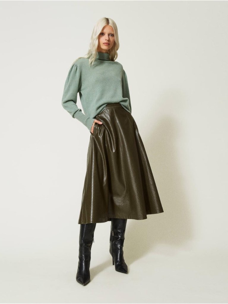 Twin-Set Milano Midi Skirt With Textured Animal Print Sz 40 Deep Olive